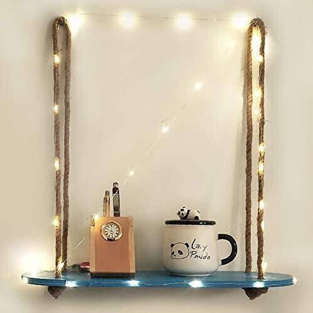RAKANO Wood Rectangle Oval Blue 1 Layer Wall Hanging Shelf with LED Light Wooden Wall Shelf