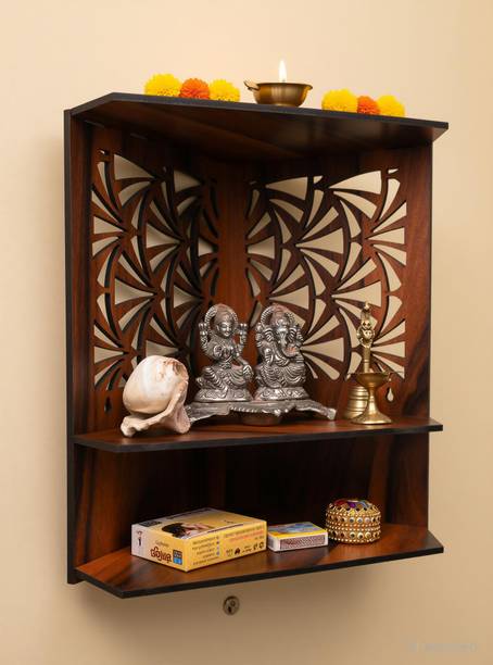 Gojeeva Premium Unique Carved Pattern Devghar, Set-Top Box Stand Wooden Mandir Temple Wooden Wall Shelf