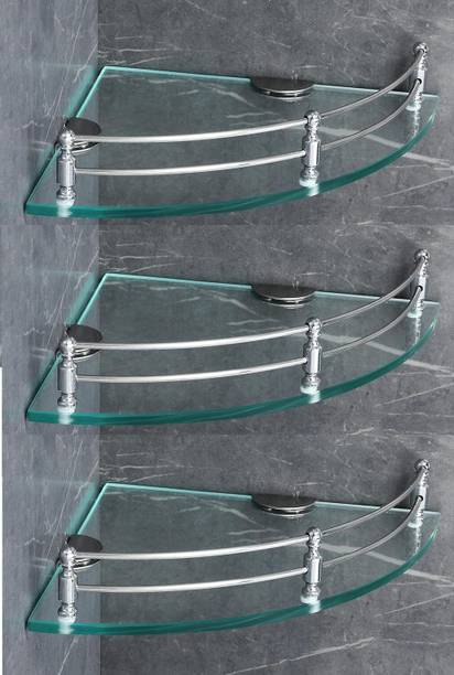 DEVYM IMPAX Glass Corner/Bathroom/Kitchen Shelf -9 X 9 Inches -Glossy -Wall Mount Glass, Stainless Steel Wall Shelf