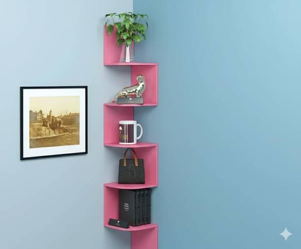 Hawari Wooden Zig Zag Corner Wall Shelf 5 Tier MDF Display Rack for Home Decor MDF (Medium Density Fiber) Wall Shelf