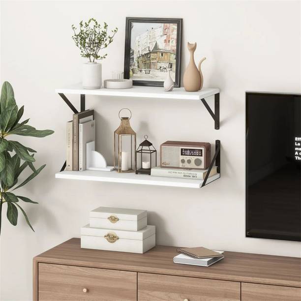 METALSWOOD Sleek & Stylish: White Wall Mounted Display Shelves with Black Metal Support Iron, Wooden Wall Shelf