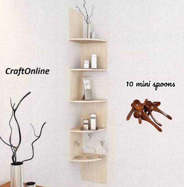 CraftOnline CraftOnline Wooden Wall Mounted Wall Zigzag Corner 5 Shelves With 10 Mini spoons Wooden, MDF (Medium Density Fiber) Wall Shelf