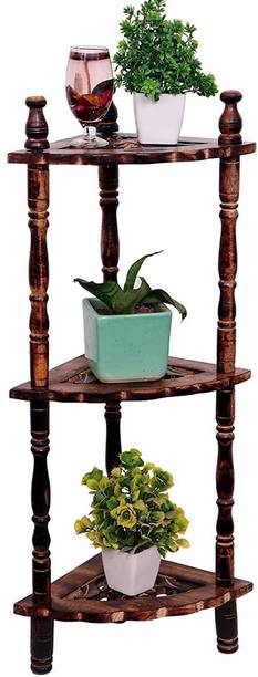 Timbercraft Multipurpose Mini Corner 3-Tier Corner Rack Shelves - Brown Side Corner Wooden Wall Shelf