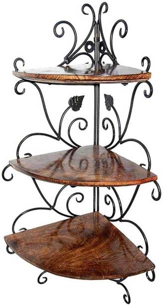Malak Crafts 3 Tier Corner Rack Iron, Wooden Wall Shelf