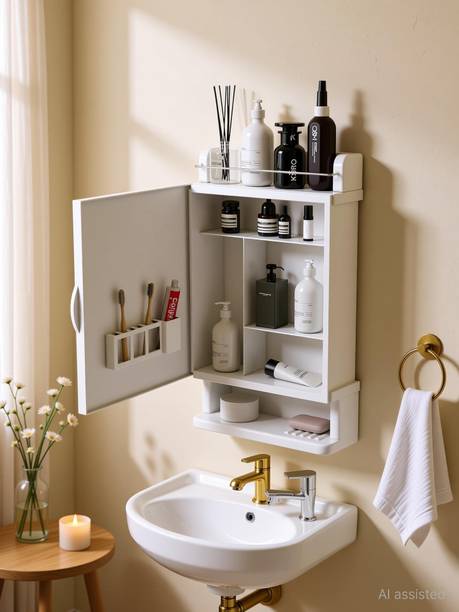 Bath Queen Heavy Plastic Mirror Cabinet White Acrylic Wall Shelf