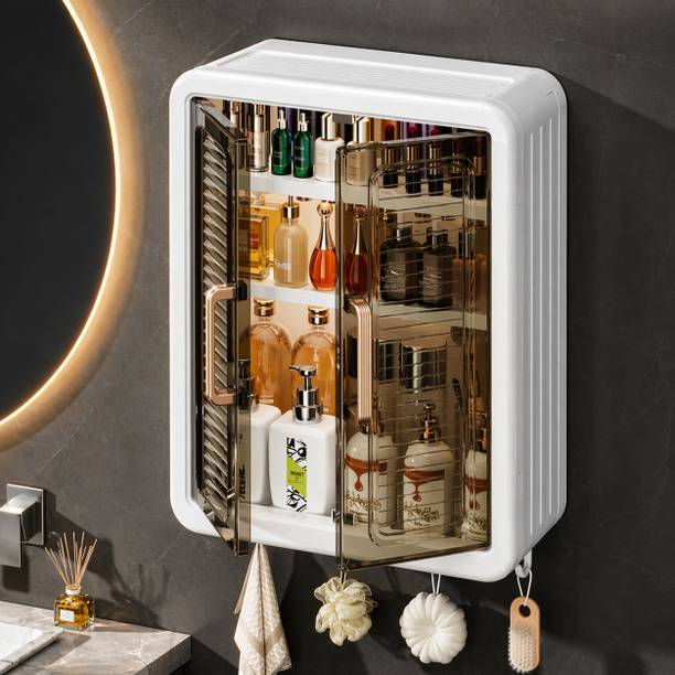 TRYV Wall-Mounted Bathroom & Kitchen Cabinet Storage Organizer with Doors and Shelves Plastic Wall Shelf