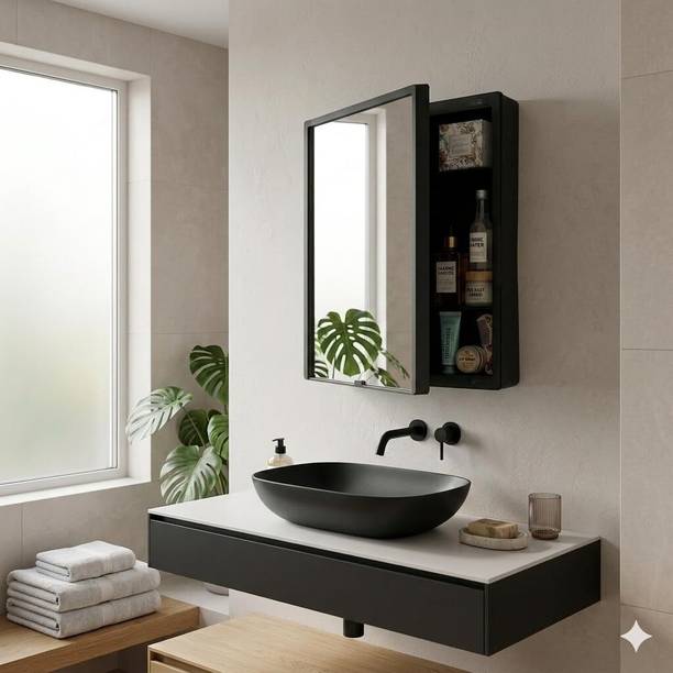 Branco New Rich Look Bathroom Cabinet with Mirror| Mirror with Shelf | 4 Shelves | Plastic Wall Shelf