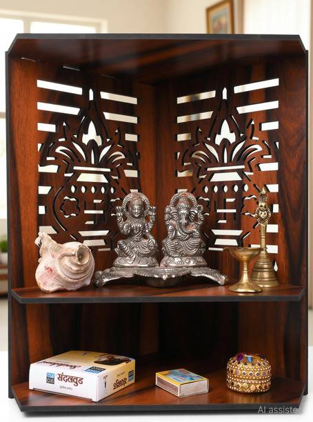 Gojeeva Premium Kalash Carved Pattern Devghar, Set-Top Box Stand Wooden Mandir Temple Wooden Wall Shelf