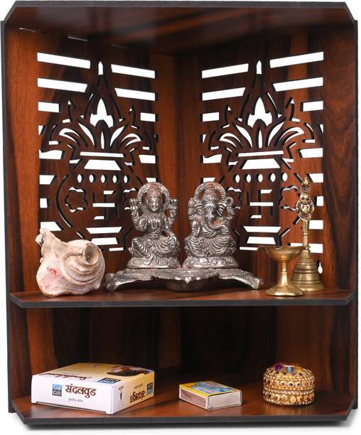 Gojeeva Premium Kalash Carved Pattern Devghar, Set-Top Box Stand Wooden Mandir Temple Wooden Wall Shelf
