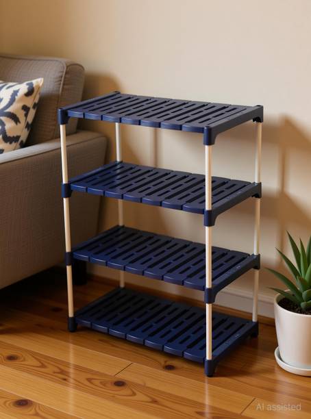 Novatic 4-Tier Multipurpose Kitchen Storage Rack, Book Stand, Floating Wall Shelves Iron, Plastic Wall Shelf