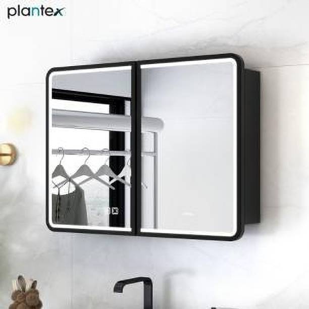 Plantex Bathroom Mirror Cabinet/LED Mirror Cabinet/Double Door Cabinet/Shelf-(32x24 In) Stainless Steel, Glass Wall Shelf