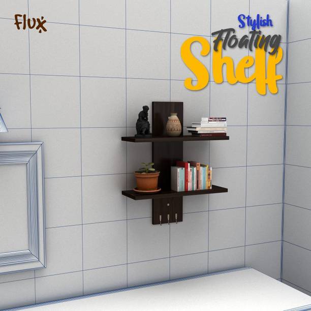 Flux Flux 2-tier black wenge wood shelves with hooks for living room decor. Particle Board Wall Shelf