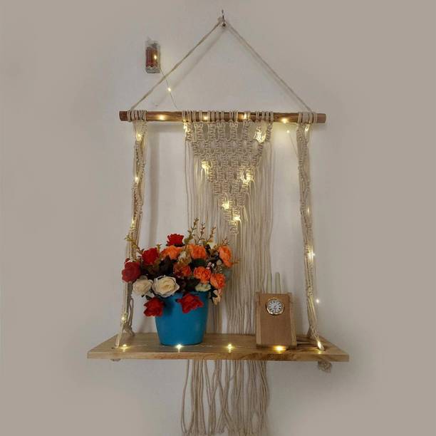 VAH Macrame Knotting Wall Hanging 1 Layer Wall Shelf With LED Light Wooden Wall Shelf