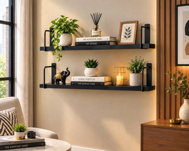NDS Steel 2 Tier Wall Mounted Shelf with Metal Frame for Living Room & Home Decor Wooden Wall Shelf