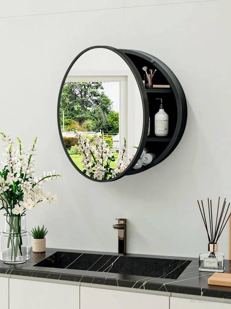 Frap Wall Mounted Round Mirror Cabinet for Bathroom & Kitchen Storage Black Plastic Wall Shelf