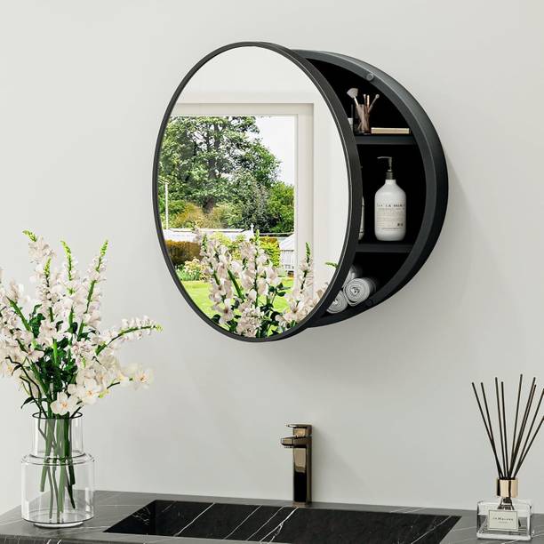 Frap Wall Mounted Round Mirror Cabinet for Bathroom & Kitchen Storage Black Plastic Wall Shelf