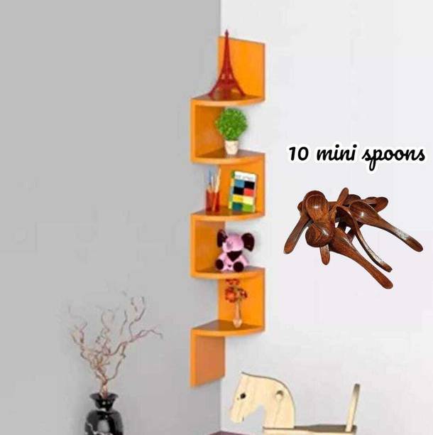 CraftOnline CraftOnline Wooden Wall Mounted Wall Zigzag Corner 5 Shelves With 10 Mini spoons Wooden, MDF (Medium Density Fiber) Wall Shelf