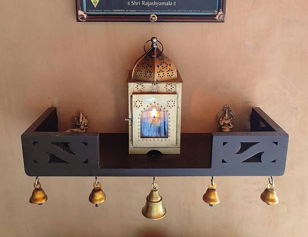CaresWood Mdf Floating Wall Shelf With 5 Golden Bells For Pooja Room Decor Wooden, MDF (Medium Density Fiber) Wall Shelf