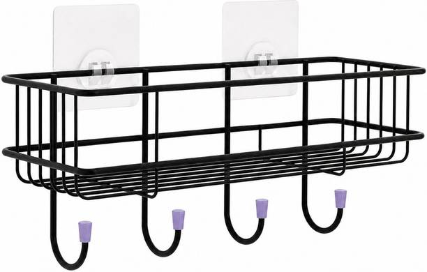 SHIVENTERPRRISE Kitchen and Bathroom Wall Mounted Storage Rack with Hanging Hooks Stainless Steel Wall Shelf