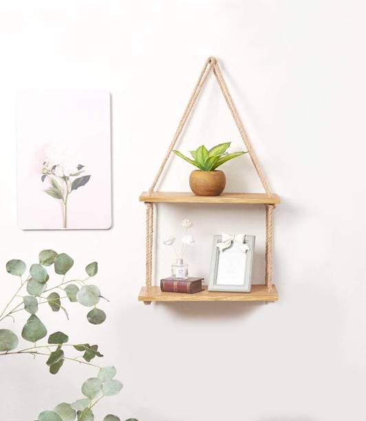 Flipkart SmartBuy Wall Hanging Shelf, Real pine Wood Floating Rope Shelves Plant Shelf 2 Tier Wooden Wall Shelf