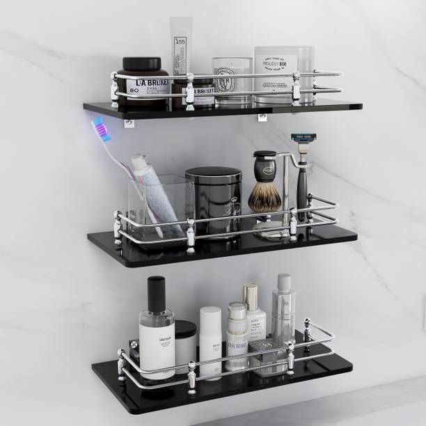 Garbnoire Premium Multipurpose Wall Hung Glass Rack, 12 x 6 -inch (Pack of 3) Glass, Stainless Steel Wall Shelf