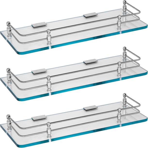 HWF Premium Transparent Glass Shelf 15x6 - 8mm (pack of 03pcs) Glass, Stainless Steel Wall Shelf