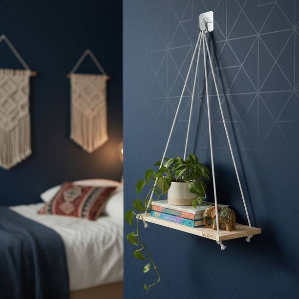 MONVO Handmade Macrame Wooden Wall Hanging Shelf - Boho Home Decor for Living Room Wooden Wall Shelf
