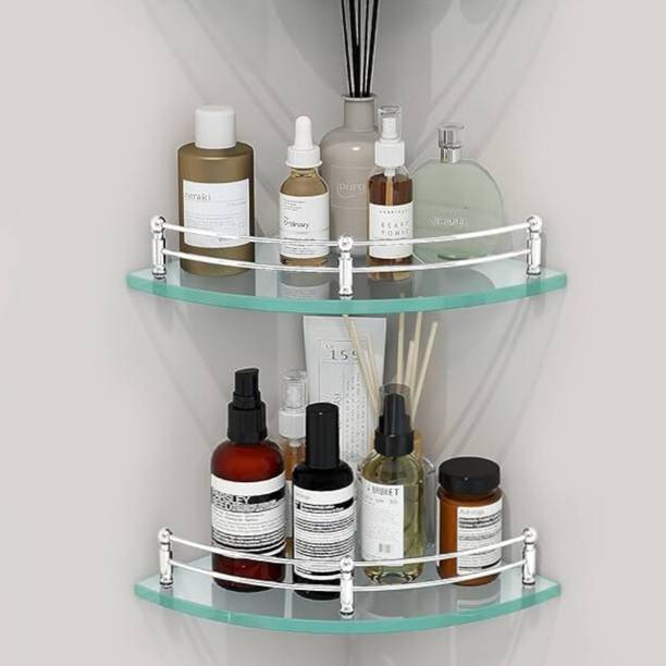 Auraview Corner Round 9x9 inch Shelf 2 Frosted Glass, Stainless Steel Wall Shelf