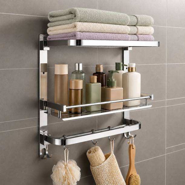 Plantex 304 Grade Stainless Steel Folding Multipurpose 3-Tier Bathroom Shelf/Towel Rack/Towel Rod with Hooks/Bathroom Accessories Wall-Mount (Chrome) Stainless Steel Wall Shelf