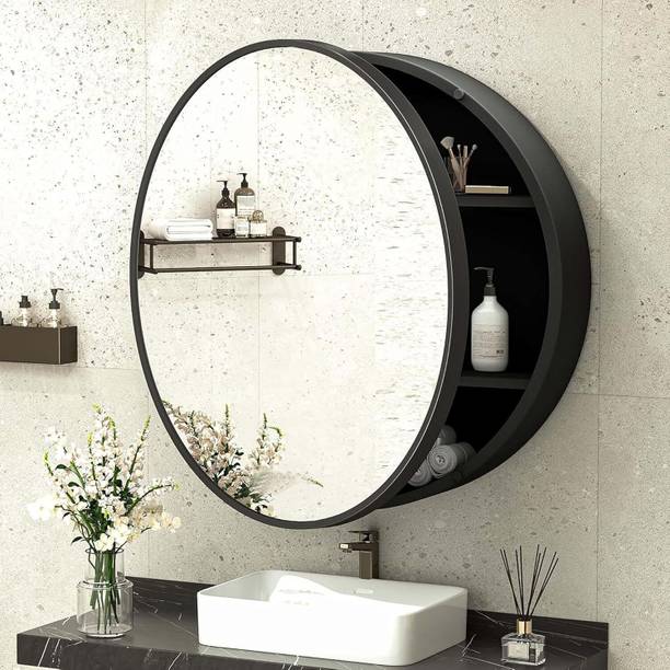 Frap Plastic Wall Mounted Round Mirror Cabinet for Bathroom & Kitchen Storage Black Plastic Wall Shelf