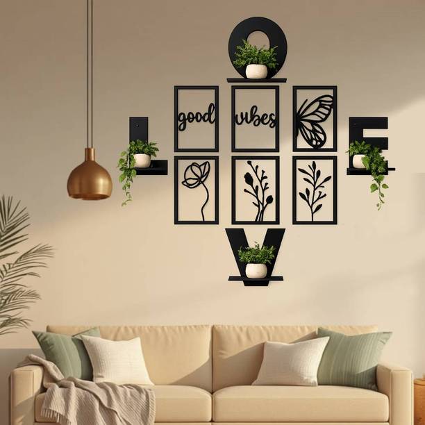 Virjani Good Vibes Wall Art Collection & Luxury LOVE Wall Shelf Set Wooden Wall Shelf