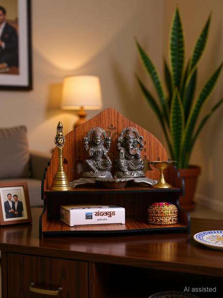 Gojeeva Premium Kamal Om Carved Pattern Devghar Wooden Mandir Temple(DIY) Wooden Wall Shelf