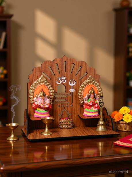 Gojeeva Premium Shiv Ji Carved Pattern Devghar, Set-Top Box Stand Wooden Mandir Temple Wooden Wall Shelf