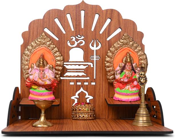 Gojeeva Premium Shiv Ji Carved Pattern Devghar, Set-Top Box Stand Wooden Mandir Temple Wooden Wall Shelf