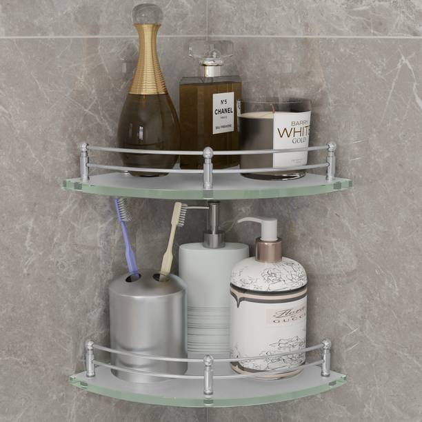 Plantex Glass Corner/Bathroom Shelf/Kitchen Shelf - 9 X 9 Inches - Wall Mount (Pack of 2,Transparent) Glass Wall Shelf