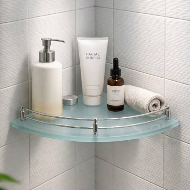 Garbnoire Frosted Glass Corner Shelve Home Storage Organizer|Bathroom Accessory(9x9 Inch) Glass, Stainless Steel Wall Shelf