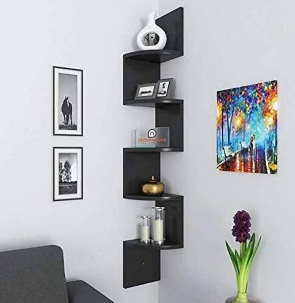CHARMWUD ZIG ZAG CORNER BLACK MDF (Medium Density Fiber) Wall Shelf