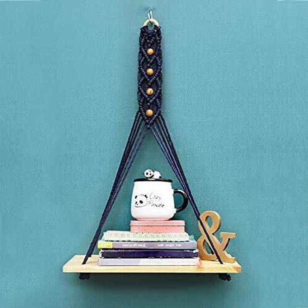 RAKANO Blue With Beads Macrame Wall Hanging Shelf Macrame Shelf Wall Hangings Wooden Wall Shelf
