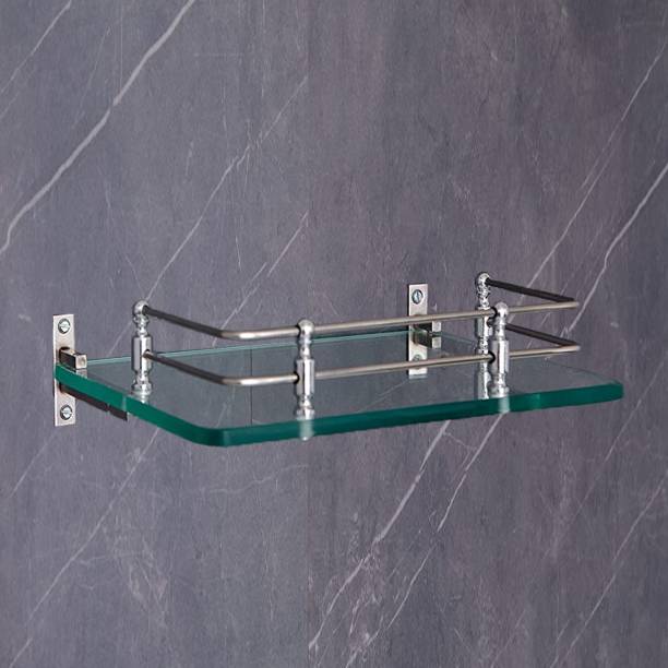 Garbnoire Multi-Purpose Fancy Glass Shelf/Set Top Box Stand with Heavy Wall Brackets, 12 X 9 INCH Glass, Stainless Steel Wall Shelf