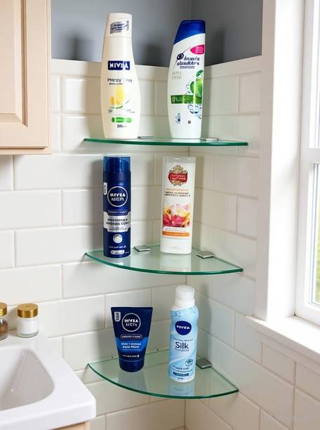 windowera Glass Corner Shelf Suitable For Bathroom, Kitchen, Living room,, Multi Uses Glass Wall Shelf