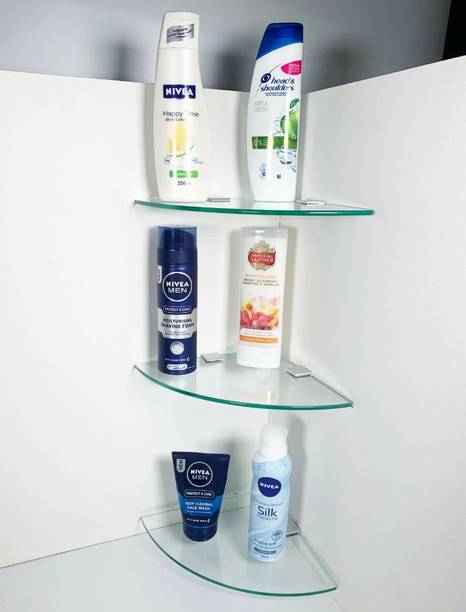 windowera Glass Corner Shelf Suitable For Bathroom, Kitchen, Living room,, Multi Uses Glass Wall Shelf