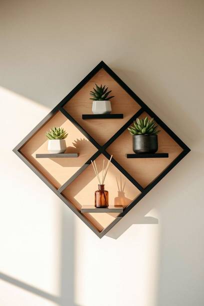 Strutz YashCrafts Diamond-Shaped Wall Mounted Wooden Shelf |Black Border Natural Wood Wooden, MDF (Medium Density Fiber) Wall Shelf
