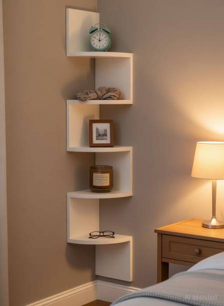 Yannik Retail Zigzag Corner Wall Mount Shelf Unit/Racks and Shelves/Wall Shelf/Book Shelf/Wall Decoration Wooden Wall Shelf (Number of Shelves - 5 White) MDF (Medium Density Fiber) Wall Shelf