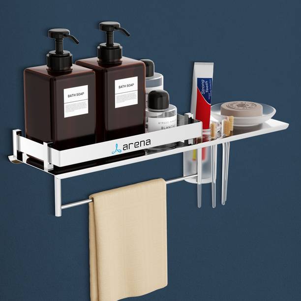 Arena Multi Purpose Bathroom Shelf with Glass Tumbler & Glass Soap Dish Napkin Holder Stainless Steel, Glass Wall Shelf
