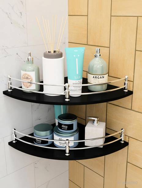 MOTIQO Black Glass Corner Shelf for Bathroom/Kitchen Shelf/Bathroom (9x9 Inch) Glass, Stainless Steel Wall Shelf