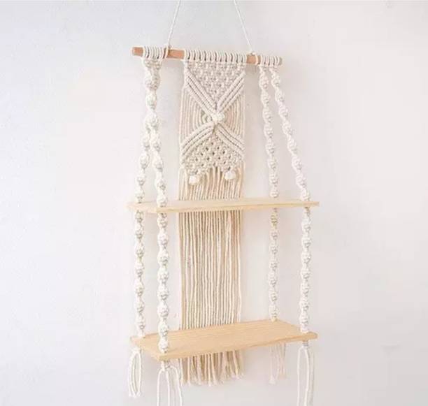 Saaz Macrame wall hanging Shelf hanger 2 shelves design bedroom living room balcony Wooden Wall Shelf