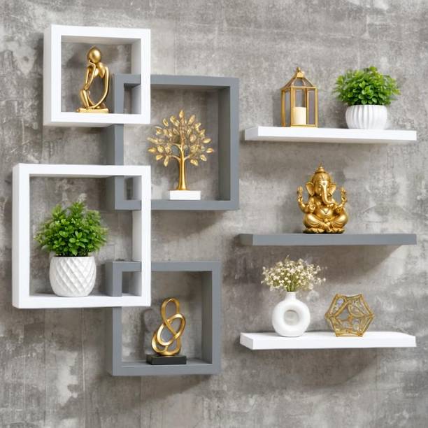NEWIMTSTORE GREY WHITE 7 TIER WALL MOUNTED WALL SHELF Wooden Wall Shelf