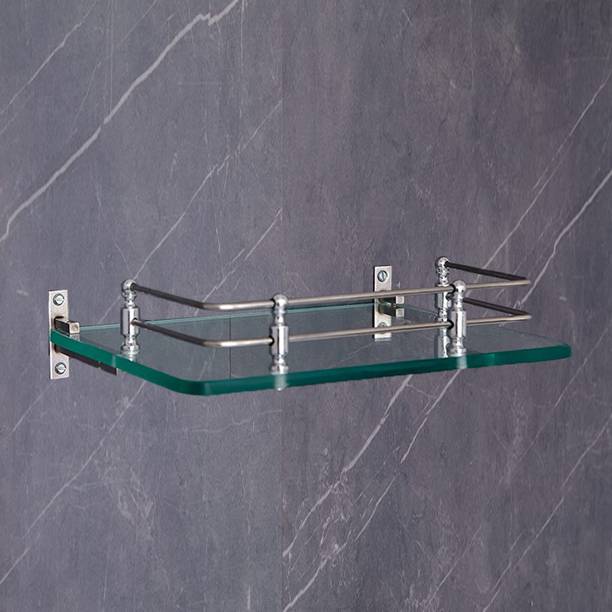 Garbnoire 12 x 6 Inch Multipurpose Wall Hung Glass Bathroom Shelf with Wall Brackets Stainless Steel, Glass Wall Shelf