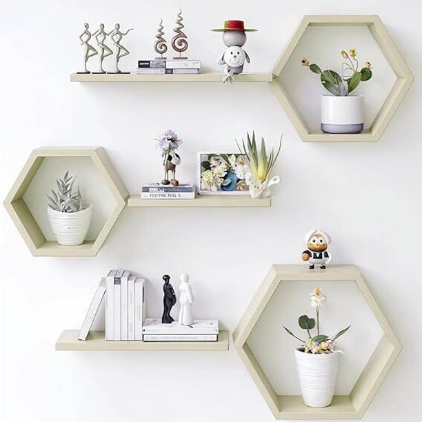 woodsy Wooden Hexagonal Shape Wall Hanging Rack Shelf Wall Shelf for Living Room MDF (Medium Density Fiber), Wooden Wall Shelf