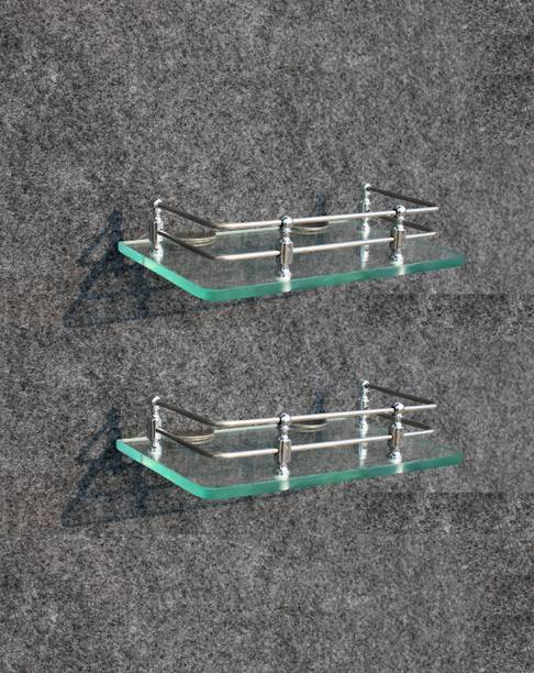 Kaaple 9x6” Clear Glass Bathroom Shelf- 2Pcs /Kitchen Shelf /Bathroom Accessories Stainless Steel Wall Glass Wall Shelf